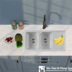 CHẬU CHÉN ĐÁ GRANITE TRẮNG 2 HỘC 1 CÁNH CAO CẤP HI-21CĐ