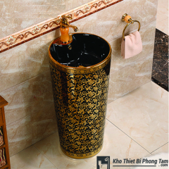 (NEW)LAVABO CHÂN ĐỨNG LIỀN KHỐI ĐEN VÀNG HI-LA26