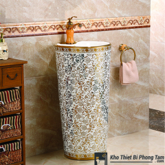 (NEW)LAVABO CHÂN ĐỨNG HOA VĂN VÀNG LIỀN KHỐI HI-LA25