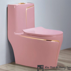 (NEW)Bồn cầu 1 Khối Hồng Viền Vàng  BC-1C110