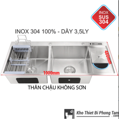 Chậu Rửa Chén 2 Hôc 1 Cánh Dao Thớt Không Sơn Inox 304 100% HI - C37IN