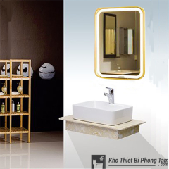 BÀN ĐÁ 1 TẦNG GƯƠNG LED ĐỨNG CẢM ỨNG VIỀN VÀNG CAO CẤP HI-BĐ25