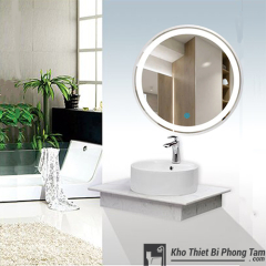 BÀN ĐÁ 1 TẦNG GƯƠNG LED TRÒN CẢM ỨNG VIỀN TRẮNG CAO CẤP HI-BĐ23