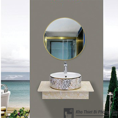 BÀN ĐÁ 1 TẦNG GƯƠNG TRÒN KHUNG THÉP VIỀN VÀNG CAO CẤP HI-BĐ21