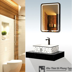 BÀN ĐÁ 1 TẦNG GƯƠNG LED CẢM ỨNG ĐỨNG VIỀN ĐEN CAO CẤP HI-BĐ19