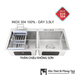 Chậu Rửa Chén 2 Hộc Dao Thớt Không Sơn Inox 304 100% HI - C35IN