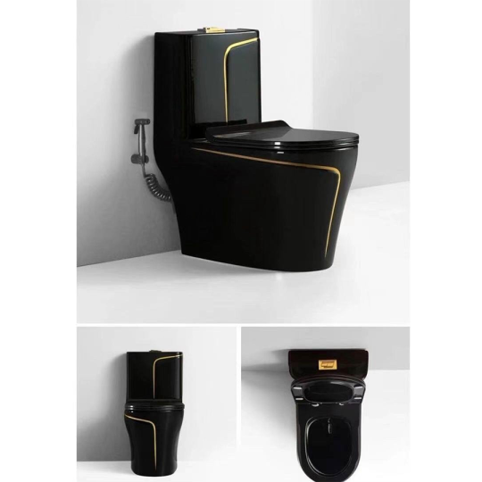 Bồn cầu 1 khối màu đen viền vàng CD-103