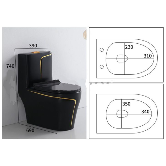 Bồn cầu 1 khối màu đen viền vàng CD-103