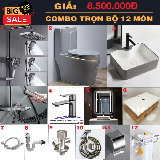 TRỌN BỘ COMBO 12 MÓN NHÀ TẮM NÓNG LẠNH XÁM CB26
