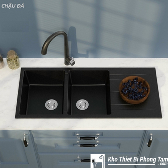 (NEW)CHẬU CHÉN ĐÁ GRANITE ĐEN 2 HỘC 1 CÁNH CAO CẤP HI-17CĐ