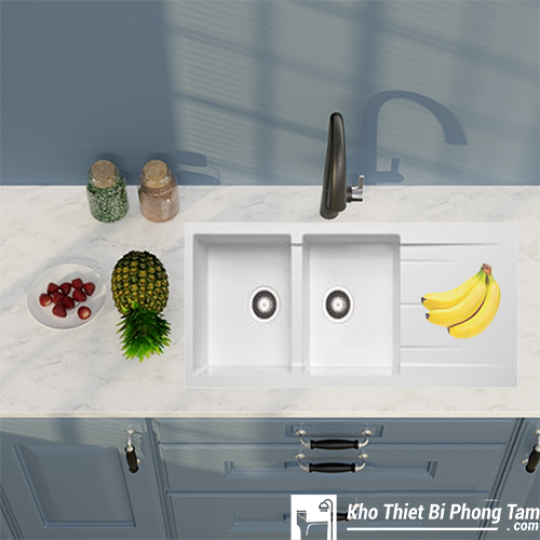 CHẬU CHÉN ĐÁ GRANITE TRẮNG 2 HỘC 1 CÁNH CAO CẤP HI-22CĐ