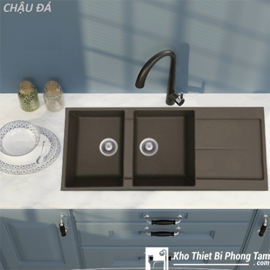 CHẬU CHÉN ĐÁ GRANITE ĐEN 2 HỘC 1 CÁNH CAO CẤP HI-25CĐ