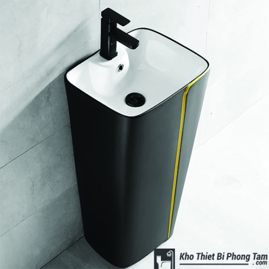 (NEW)LAVABO CHÂN ĐỨNG LIỀN KHỐI ĐEN VIỀN VÀNG HI-LA27