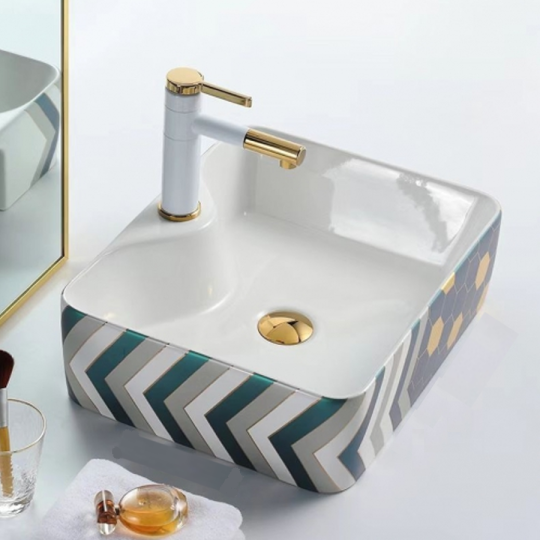 (NEW)Lavabo Vuông xanh hoa văn vàng HI-LA28
