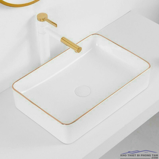 (NEW)Lavabo Đặt Bàn Trắng Viền Vàng HI-LA19