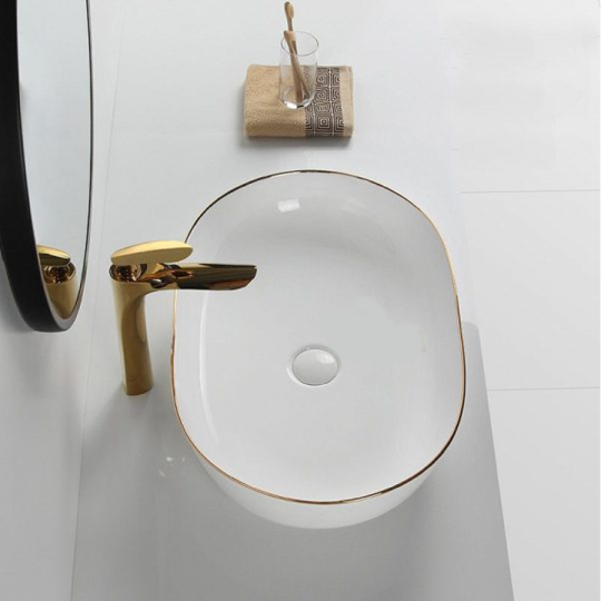 (NEW) Lavabo Oval Trắng Viền Vàng Đặt Bàn HI-LA17
