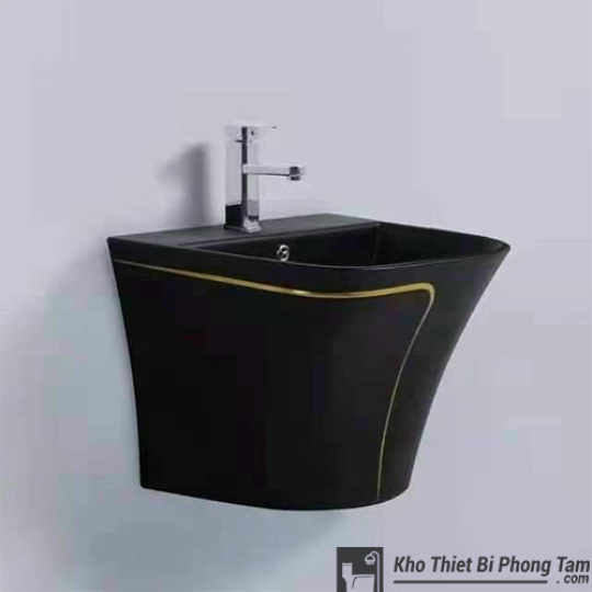Lavabo liền khối màu đen viền vàng LA-13