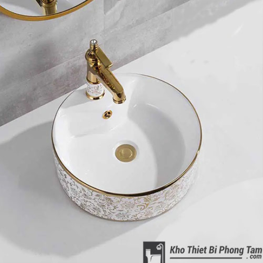 Lavabo Tròn Hoa Văn Vàng - LA09