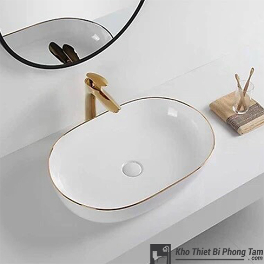 (NEW) Lavabo Oval Trắng Viền Vàng Đặt Bàn HI-LA17