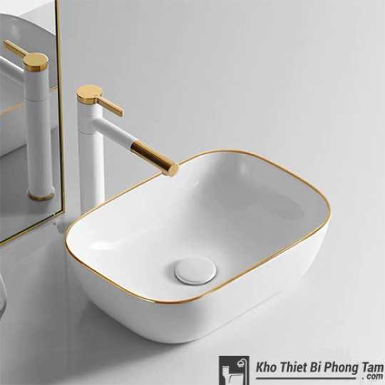 (NEW)Lavabo Thuyền Đặt Bàn Trắng Viền Vàng HI-LA18