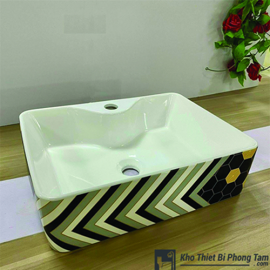 (NEW)Lavabo Vuông Đen Hoa Văn Vàng HI-LA29