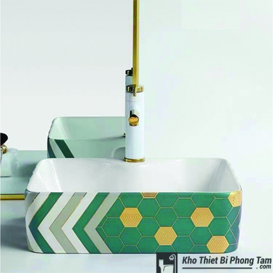 (NEW)Lavabo Vuông xanh hoa văn vàng HI-LA28