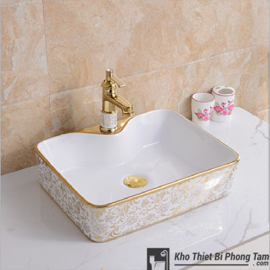 Lavabo Vuông Hoa Văn Vàng - LA10