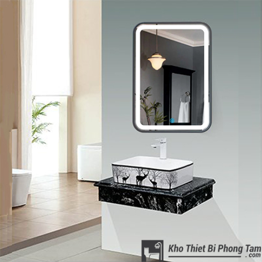 BÀN ĐÁ 1 TẦNG GƯƠNG LED ĐỨNG CẢM ỨNG VIỀN ĐEN CAO CẤP HI-BĐ30