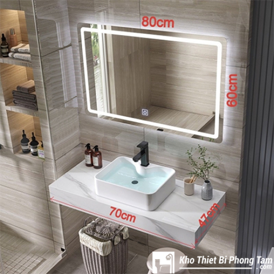 BÀN ĐÁ LAVABO 1 TẦNG GƯƠNG LED ĐỨNG CẢM ỨNG CAO CẤP HI-BĐ35
