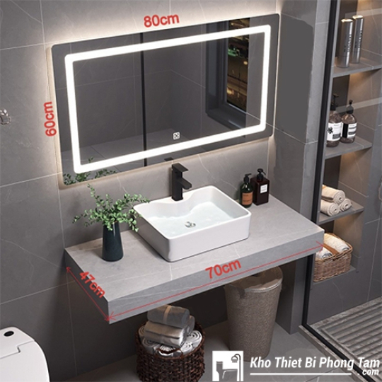 BÀN ĐÁ LAVABO 1 TẦNG GƯƠNG LED ĐỨNG CẢM ỨNG CAO CẤP HI-BĐ32