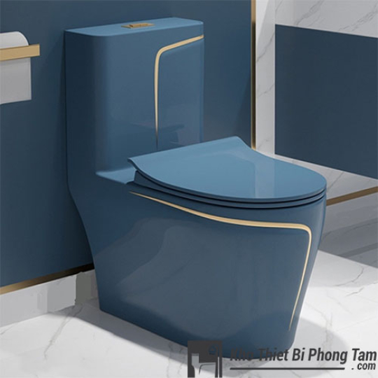 (NEW)Bồn Cầu 1 Khối Xám Xanh Viền Vàng BC-9224