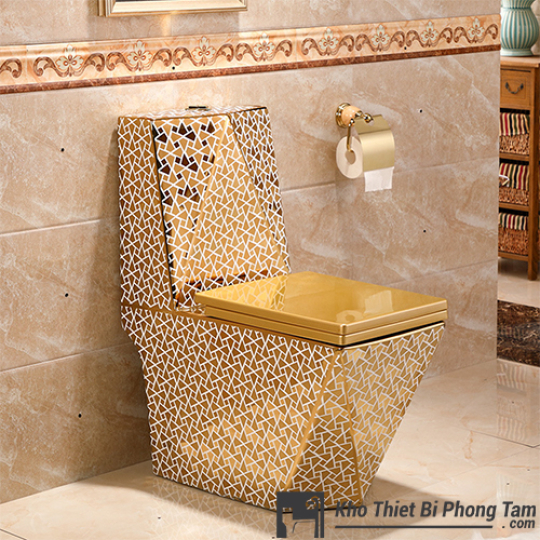 (NEW)Bồn cầu kim cương 1 khối Hoa Văn Vàng BC- 1C537