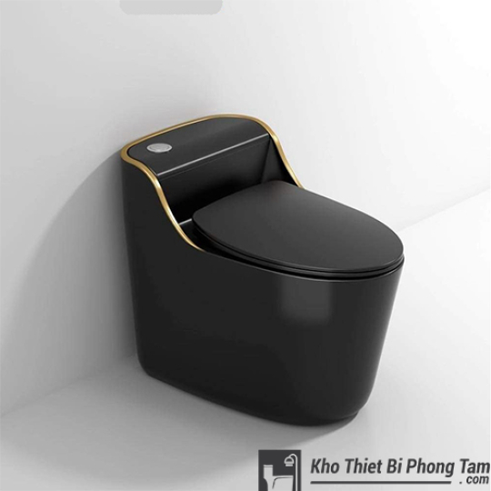 (NEW)Bồn Cầu 1 Khối Đen Viền Vàng BC-9234