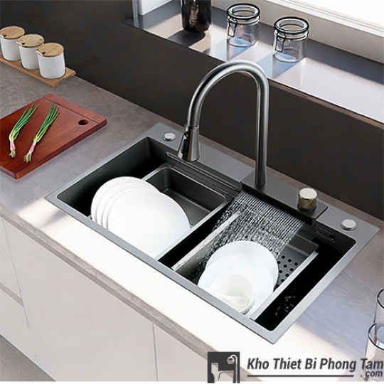 CHẬU CHÉN 1 HỘC NANO XÁM KÈM VÒI THÁC NƯỚC CAO CẤP -C51