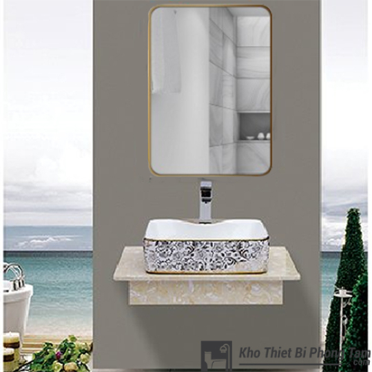 BÀN ĐÁ 1 TẦNG GƯƠNG ĐỨNG KHUNG THÉP VIỀN VÀNG CAO CẤP HI-BĐ22
