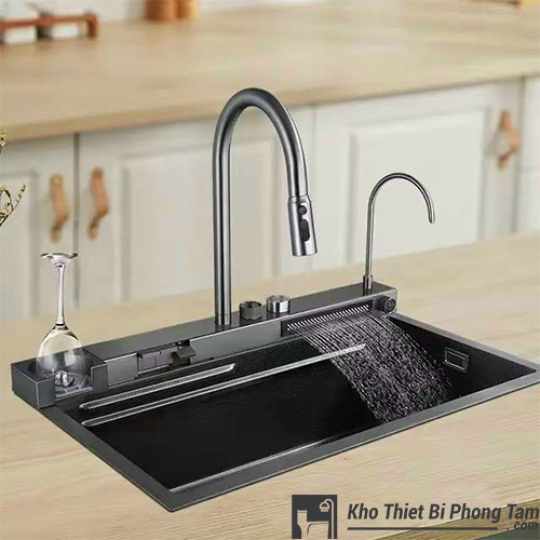 Chậu Rửa Chén Bát Thác Nước Inox Nano Đen