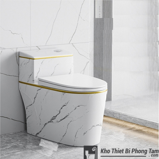 (NEW)Bồn Cầu 1 Khối Vân Đá Trắng Viền Vàng BC-9221