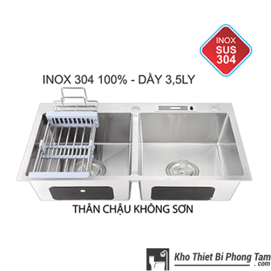 Chậu Rửa Chén 2 Hộc Dao Thớt Không Sơn Inox 304 100% HI - C35IN