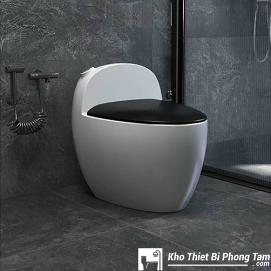 (NEW)Bồn Cầu Trứng 1 Khối Trắng Nắp Đen BC-9219