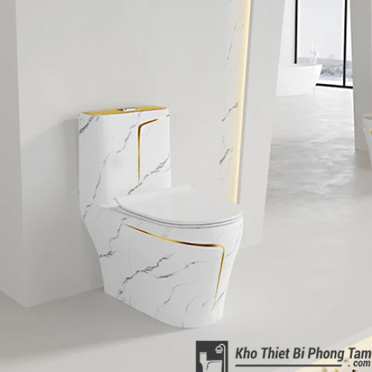 (NEW)Bồn Cầu 1 Khối Vân Đá Viền Vàng BC-9220
