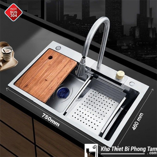 CHẬU CHÉN 1 HỘC INOX 304 KÈM VÒI THÁC NƯỚC CAO CẤP -C52